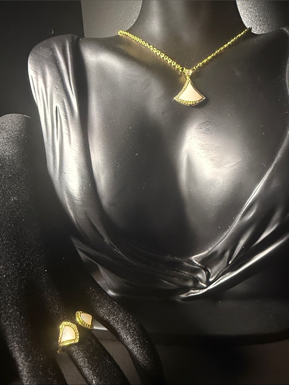Gold-Tone Cream Pendant Necklace and Ring Set